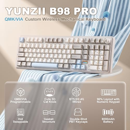YUNZII B98 PRO 96% Wireless Mechanical Keyboard(Beige, Candy Switch) | QMK/VIA, with Numpad, Dual-Style Knob Design, Creamy Pre-Lubed Switches, Hot Swap, Gasket Mount, RGB for Gaming/Win/Mac - color: Beige, size: Candy Linear Switch