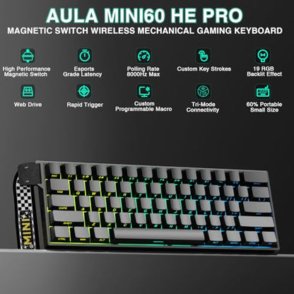 Aula MINI60 HE PRO Wireless Gaming Keyboard 60%,Hall Effect Rapid Trigger Magnetic Keyboard,8000Hz Polling,Tri-Mode(BT5.0/2.4GHz/USB-C),RGB Hot Swappable Compact Mechanical Keyboard for Gamer(Black) - color: Pro-Black Side