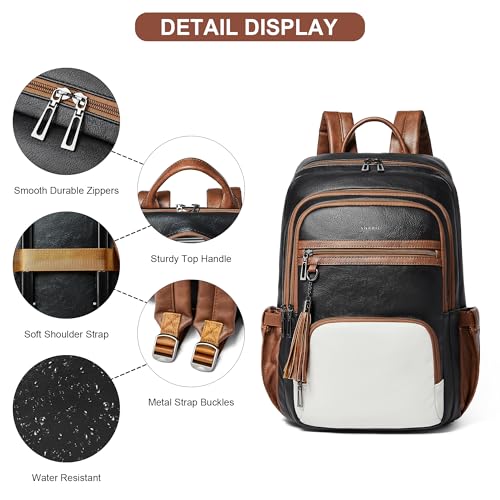 Shrrie 17 Inch Laptop Backpack for Women,Vegan Leather Backpack Purse,28L Work Business College Travel Computer Backpacks with Giant Tumbler Holder & USB Charger,Black and Beige with Caramel Brown - color: Black and Beige With Caramel Brown