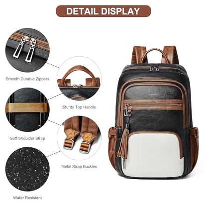 Shrrie 17 Inch Laptop Backpack for Women,Vegan Leather Backpack Purse,28L Work Business College Travel Computer Backpacks with Giant Tumbler Holder & USB Charger,Black and Beige with Caramel Brown - color: Black and Beige With Caramel Brown