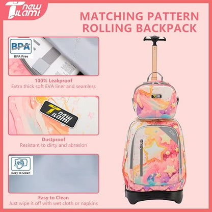 NEW TILAMI 16 Inch Rolling Backpack with Lunch Bag for Girls Boys School | 6-Wheel Stair-Climbing Girls Boys Carry-on Suitcase Water-Resistant Adjustable Trolley Handle Wheels School Travel Camping - color: Starry Rainbow