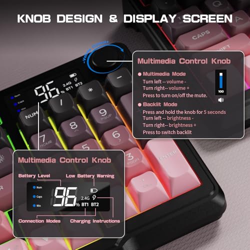 LexonElec M96 Wireless Keyboard, Low Profile Quiet Typing Membrane Gaming Keyboard with Smart Display & Knob, RGB Backlit, USB C Rechargeable, 94 Keys PBT Keycap for Windows PC, Mac, Linux-BlackBerry - color: Blackberry