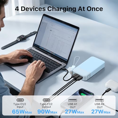 NOBIS Portable Charger 20000mAh 90W Power Bank w/Detachable Cable | 2C+2A USB-C Fast Charging Battery Pack with LED Display,Battery Bank for Laptops, Tablets, Phones and Steam Deck - color: Blue