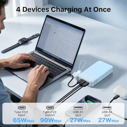 NOBIS Portable Charger 20000mAh 90W Power Bank w/Detachable Cable | 2C+2A USB-C Fast Charging Battery Pack with LED Display,Battery Bank for Laptops, Tablets, Phones and Steam Deck - color: Blue