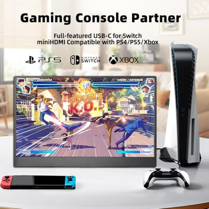 Portable Monitor 15.6 inch FHD 1080P USB-C HDMI Ultra-Slim Travel Computer Monitor with Kickstand Speakers for Laptop PC Mac Phone, VESA Mountable (15.6" 1080P Touch)