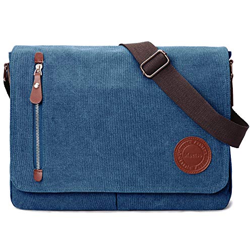 Mactso Vintage Canvas Messenger Bag for Men Women, 13.5 Inch Laptop Satchel Shoulder Bag with Multiple Pockets, Crossbody Bag for Work Travel College (Blue) - color: Blue
