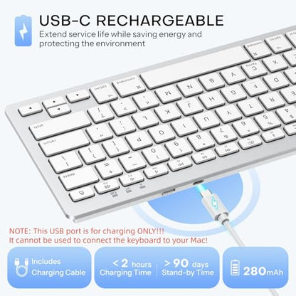 OMOTON Wireless Bluetooth Keyboard for Mac, USB-C Rechargeable, Compact | No Number Pad, Ergonomic Tilt, 14 macOS Hotkeys, For Backpack Travel Coffee Shop, for MacBook/iMac/Mac mini, Silverwhite