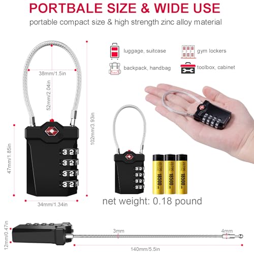 ZHEGE Travel Locks, TSA Approved Locks for Luggage (4 Pack, Black) | 4 Digit Cable Lock with Inspection Indicator for Suitcase, Backpack, Baggage, Easy to Read - color: 4p Black