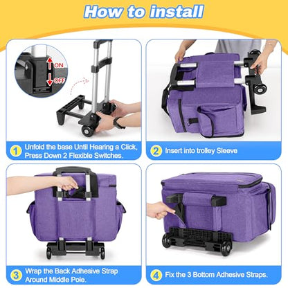 Teamoy Rolling Scrapbook Tote, Craft Bag with Detachable Wheels, Purple | Scrapbook Storage Bag with Bottom Wooden Pad, 2 detachable zipper pouches, Shoulder Straps for Paper, Ablum - color: Purple