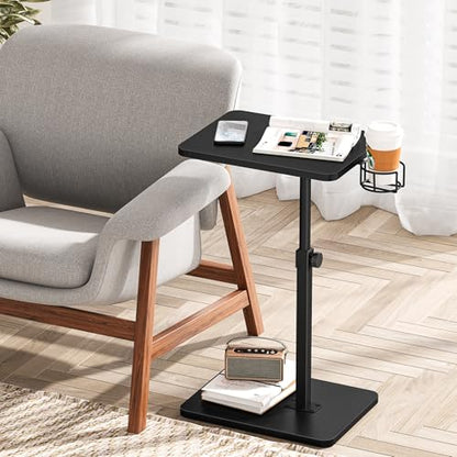 Giikin Side Table, 360 Swivel & Height Adjustable TV Trays for Eating on Couch, Sofa Armrest TV Tray Table with Cup Holder for Small Spaces, C-Shaped, Black, 11.8" D x 15.8" W x 31" H - color: Black