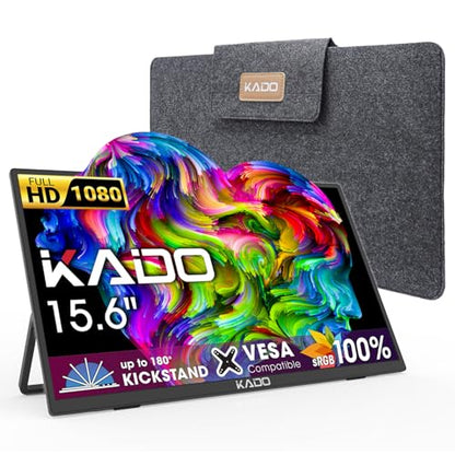 Kado 15.6" FHD Portable Monitor for Laptop 100% sRGB Second Display IPS | Laptop Screen Extender 1920x1080 HDMI USB-C, Carrying Sleeve 180° Kickstand for PC, Mac, Dex, Tablet, Xbox, PS4/PS5, Switch - style: 1-Pack