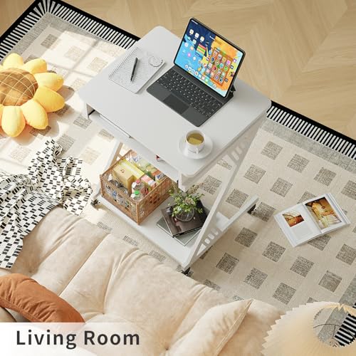 ALISENED Computer Desk for Small Spaces Compact Desk with Keyboard Tray | 23.6" Z-Shaped, with Wheels and Bottom Shelves, for Home Office, Computer Cart Mobile Laptop Cart, White - color: White