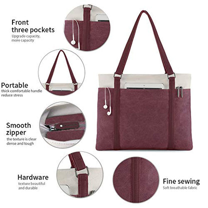 Laptop Tote Bag for Women, 15.6 Inch Work Bag with Laptop Compartment and Zipper, Canvas Computer Tote for Teacher - color: Burgundy