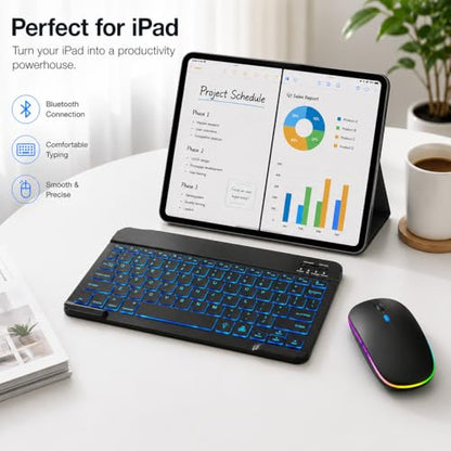 Rechargeable Bluetooth Keyboard Mouse Combo, 10 Inch Keyboard with Backlit, Silent Keys and Wireless Mouse for iPad, Tablet, Laptop and PC
