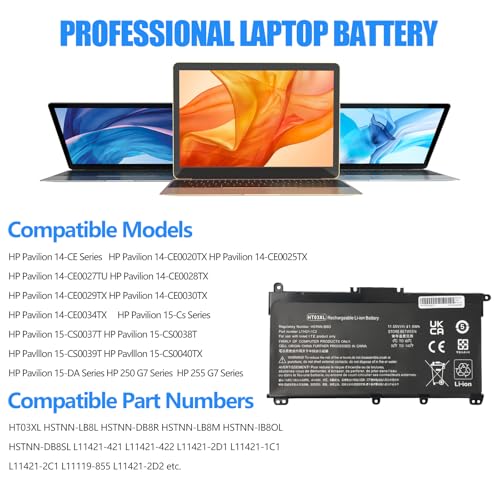 HT03XL L11119-855 Laptop Replacement Battery for HP Pavilion 14-CE 14-CF 14-CM 14-CK 14-DF 14-MA 14Q-CS 15-DA 15-CS 15-CW 15-DA 15-DB 17-by 17-CA HP 240 245 250 255 G7 340 348 G5 L11119-855 - size: 9.49*5.28*1.26inch HT03XL