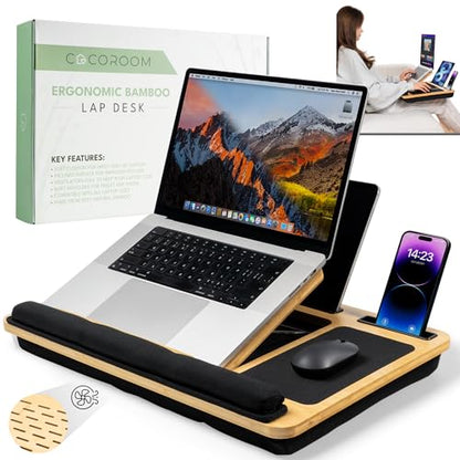 Lap Desk for Laptop – Bed Desk Tray Table with Cushion, 5 Angles, Phone & Tablet Holder, Mouse Pad & Ventilation – Laptop Stand, Lap Table, Couch Desk for 15”-17” Laptops (Black) - color: Black