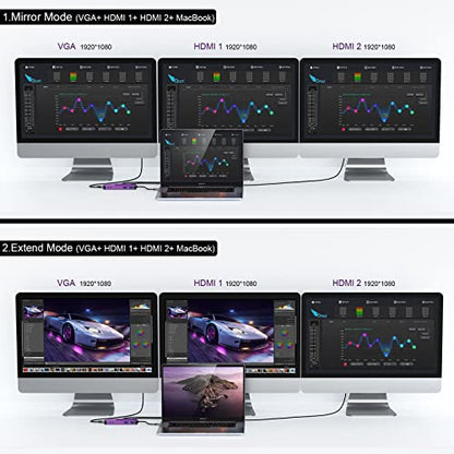 USB Docking Station GIQ USB C HUB USB 3.0 to Dual HDMI VGA Adapter Triple Display USB C Laptop Docking Station Dual Monitor HDMI Splitter Extender Compatible with MacBook M1 M2 M3 M4 M5 USB Dock - color: Purple