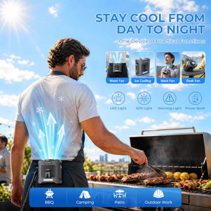 Portable Waist Fan with 56°F Ice Cooling, 8000mAh Rechargeable Belt Clip Fan, 5-Speed 21000RPM Wearable Cooler, LED SOS Warning Light for Jobsite Camping Summer Essential - color: Black