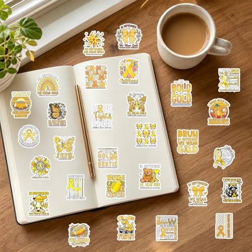 100 Pcs Childhood Cancer Awareness Stickers Childhood Cancer Items | Childhood Cancer Awareness Items, Yellow Ribbon Design, Waterproof Vinyl, Bow Sunflower Decals for Luggage Laptop Journaling - style: Childhood Cancer Awareness