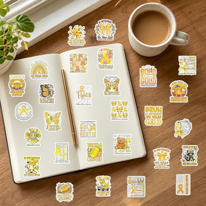 100 Pcs Childhood Cancer Awareness Stickers Childhood Cancer Items | Childhood Cancer Awareness Items, Yellow Ribbon Design, Waterproof Vinyl, Bow Sunflower Decals for Luggage Laptop Journaling - style: Childhood Cancer Awareness
