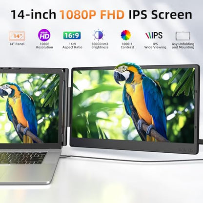 ZUMWALT Laptop Screen Extender, 14" Triple Portable Monitor for Laptop, 1080P FHD Screen Extender Monitors for 13"-16.5", Monitor Extender for MacOS/Windows/Chrome (Built-in Speakers) - style: 14" Triple Screen