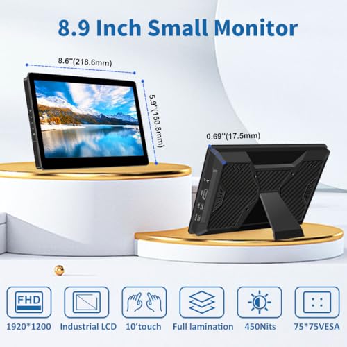 8.9 inch Touch Monitor with Stand| 1920 * 1200 |16:10|450Nits|Optical Bonding| HDMI/USB-C Port|Small Monitor for Mini PC Laptop Mac mini