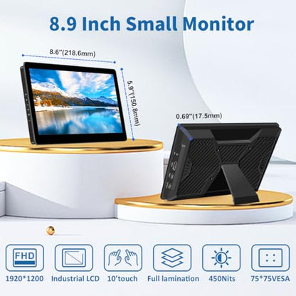 8.9 inch Touch Monitor with Stand| 1920 * 1200 |16:10|450Nits|Optical Bonding| HDMI/USB-C Port|Small Monitor for Mini PC Laptop Mac mini