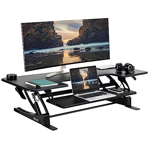VIVO Black 48 inch Standing Desk Converter, DESK-V048V | Extra Large, Height Adjustable, Stand Up Desk Riser, Wide Keyboard Tray, Dual Monitor and Laptop Workstation, V Series - color: Black, size: 48"