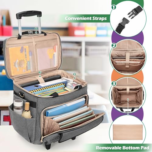 LUXJA Rolling Teacher Bag with Laptop Compartment and Detachable Dolly, Multifunctional Rolling Briefcase with Accordion File Area (Patented), Gray - color: Gray