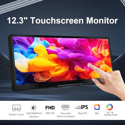 wisecoco 12.3 Inch Touch Screen Monitor IPS 1920x720 Stretched Bar LCD CNC Shell Mini Secondary Screen Portable Display HDMI for Laptop PC Temperature Aida64 GPU CPU RAM Monitoring