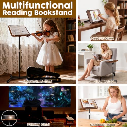 2 in 1 Dual-use Music Stand & Desktop Book Stand, Adjustable Height 16.5"-51", 100% Solid Wood Laptop Floor Stand Book Holder with Elastic Page Clips for Cookbooks (Black Walnut-Wheeled) - color: Black Walnut-wheeled