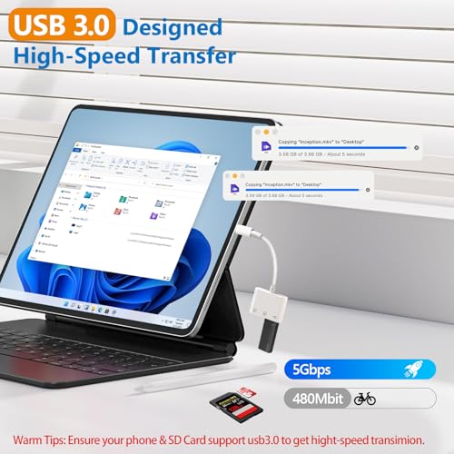 USB C SD Card Reader, ADRUDY SD Card Reader for iPhone 15 16 iPad/Mac/Android Devices, 3 in 1 Memory Card Reader with SD/MicroSD & USB Port, Plug and Play