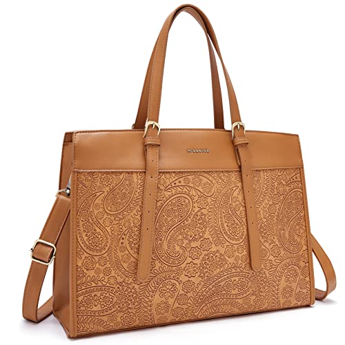 Missnine Laptop Tote Bag for Women 15.6 Inch Leather Work Bags Teacher Computer Purse Briefcase Handbag for Office, Travel - color: Embossed Brown
