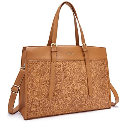 Missnine Laptop Tote Bag for Women 15.6 Inch Leather Work Bags Teacher Computer Purse Briefcase Handbag for Office, Travel - color: Embossed Brown