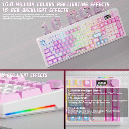 LINGBAO K98 PRO Anime Mechanical Wireless Gaming Keyboard with Screen Knob | Tri-Mode BT5.0/2.4G/USB-C, Gasket Mount Hot Swappable Linear Switches, RGB Backlit Creamy Sounding for PC/Mac Office& Gaming - color: K98Pro | 10000mAh | Anime Pink