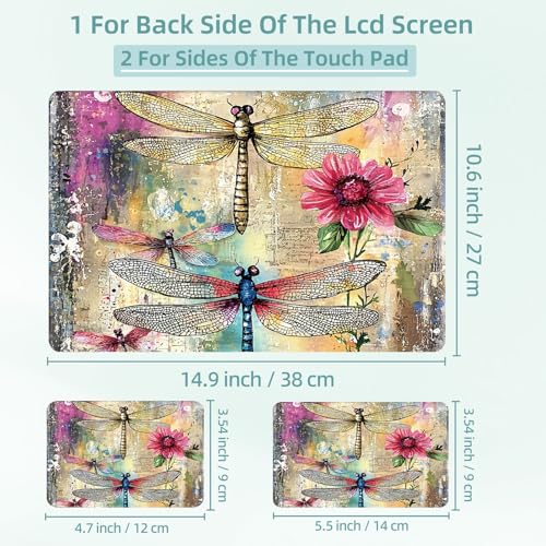 Universal Laptop Skin Decal, 3-Piece Vinyl Protector for 12 13 14 15.6" Notebook, Waterproof Anti-Scratch, Easy Trim & Bubble-Free Finish, Dragonflies and Flowers - color: Dragonflies and Flowers