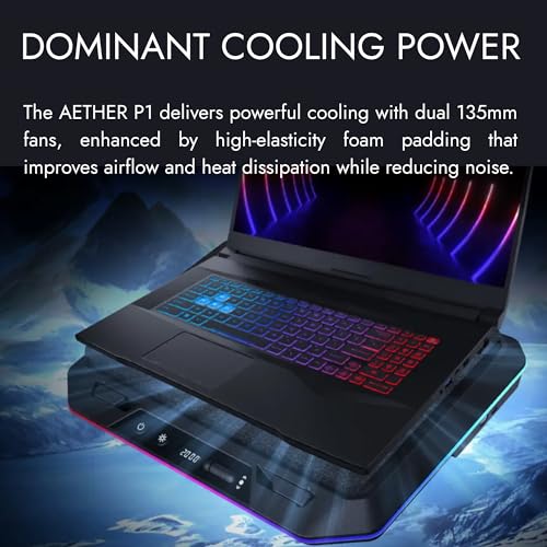 GAMDIAS Black Laptop Cooling Pad for Gaming Laptops up to 19”, Dual 135mm Fans, RGB Lighting, 7 Adjustable Heights, USB-A & USB-C Ports, Phone Stand, Aether P1