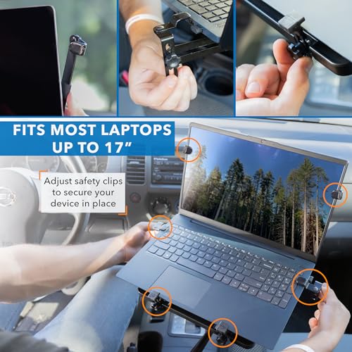 Mount-It! Car Laptop Mount, No-Drill Vehicle Laptop Stand for Vehicle & Truck, Full Motion Computer Holder for Cars Vans SUVs, Adjustable Height 14–22.25”, Fits Notebooks Up to 17” with Cooling Tray