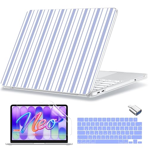 MecBevia Compatible with MacBook Neo Case 13 inch 2026 A3404 A18 Pro Chip | 4-in-1 Kit, Neo Hard Shell Case Cover & Keyboard Cover & Screen Protector & Type C, Blue Stripes - color: Blue stripes