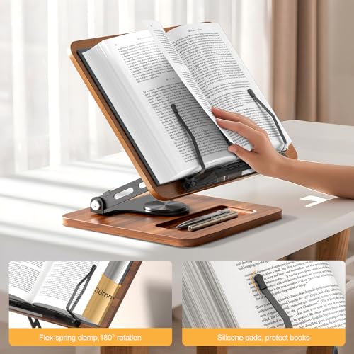 OPTIXCELL Book Stand for Reading, 360° Rotating Book Holder, Page Clips | Hands Free, Built-in Storage Tray, Adjustable Height Angle, Non-Slip, Foldable 13.3x9.4x1.9in, Fits Cookbook Tablet & Laptop - style: Book Stand