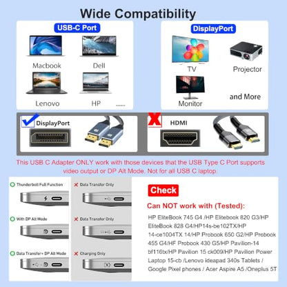 USB C to Dual Displayport Adapter for Mac/Dell/HP Laptop, 4K@60Hz Displayport Splitter 1 in 2 Out for Dual Monitors Extended Display, USB C to Display Port Cable, Dual Monitor Adapter, MST Hub