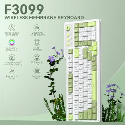 Aula F3099 Wireless Keyboard with Media Knob, Tri-Mode BT5.0/2.4GHz/USB-C Cute Creamy Keyboard with Number Pad, RGB Backlit Gaming Keyboard, Quiet Typing Green Computer Keyboards for Office Laptop/PC - color: White & Green