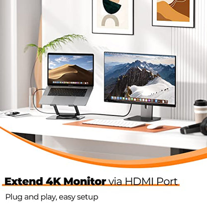 Tobenone Laptop Docking Station Stand for MacBook Pro/Air/Dell/HP/Surface/Lenovo, Mac Docking Station with 4K HDMI, USB 3.0, RJ45, PD 3.0, USB C Laptop Stand Hub for Desk with 360 Rotating Base Grey