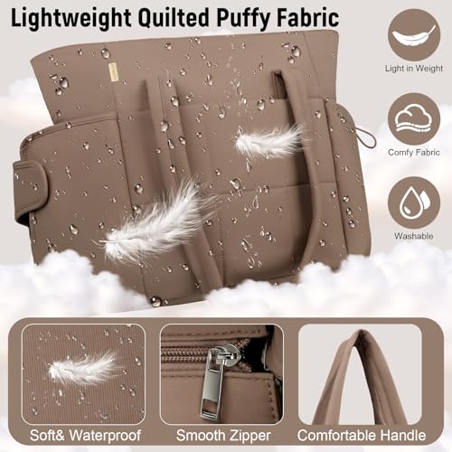 Puffer Tote Bag with Large Cup Holder& 15.6 Inch Laptop Compartment, Lightweight Puffy Work Bag with Water Bottle Pocket, Large Laptop Tote with Clutch Purse for Women Teacher Nurse (Brown) - color: Brown