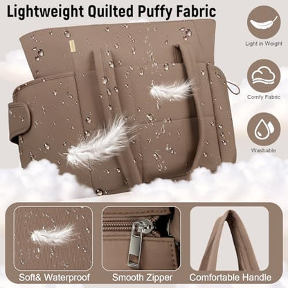 Puffer Tote Bag with Large Cup Holder& 15.6 Inch Laptop Compartment, Lightweight Puffy Work Bag with Water Bottle Pocket, Large Laptop Tote with Clutch Purse for Women Teacher Nurse (Brown) - color: Brown