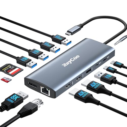 14 in 1 Triple 4K Display USB C Docking Station, Single DisplayPort Up to 8K@30Hz/ 4K@144Hz/ 4k@120Hz, USB C Hub Multiport Adapter Dongle with 2 HDMI, 7 USB Ports, 100W PD, Ethernet, Audio - color: Grey