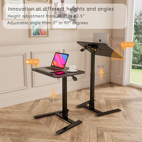 25" Mobile Folding Desk: Pneumatic Sit-Stand, No Assembly | 29-42" Height Adjustable Rolling Laptop Desk, Hidden Wheels, 0-90° Tilt Top. Ideal for Home Office, Craft & Study. - color: Black