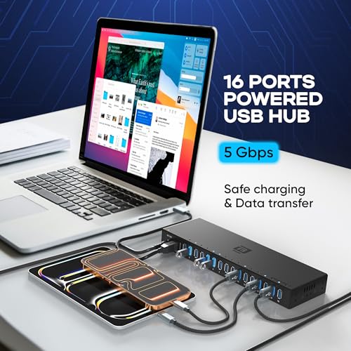 16-Port Powered USB 3.0 Hub, Desktop USB Expansion Hub with 5Gbps High-Speed Data Transfer, Aluminum USB Splitter for Multiple Devices, AC Power Adapter Included for PC and Laptop Use