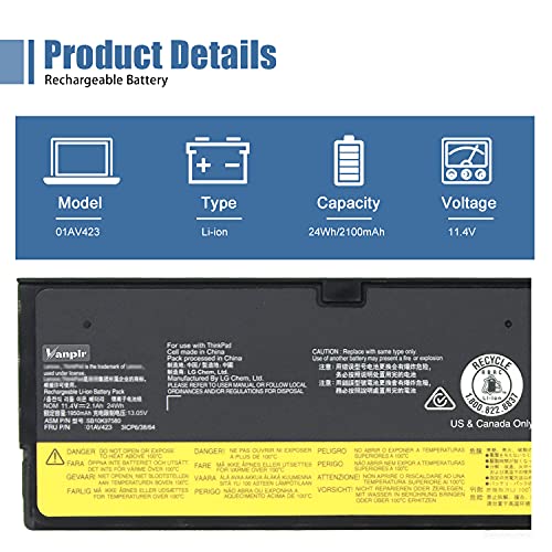 61 01AV423 T470 T480 Laptop Battery Replacement for Lenovo ThinkPad A475 T570 T580 P51S P52S TP25 Battery 4X50M08810 01AV422 01AV424 01AV452 SB10K97579 SB10K97580 11.4V 24Wh 2100mAh - size: 8.2*2.55*0.4 inch 01AV423