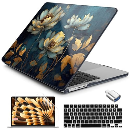 Batianda LumiArt Case for MacBook Air 13.6" M2-M5 Chip, Blue Gold Lotus | 4-in-1 set with soft blue gold lotus flowers design, lightweight slim hard shell protection for women, artists office users - color: Blooming Flowers
